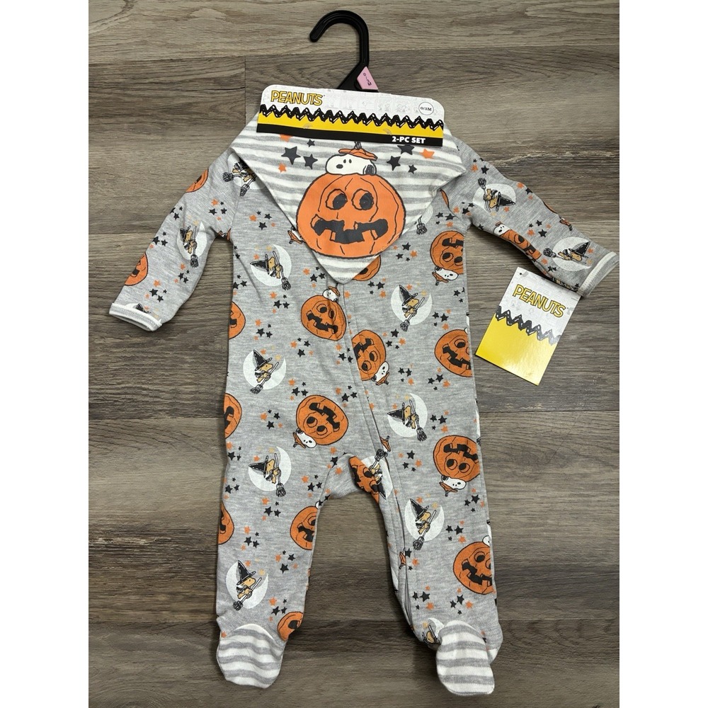 Halloween Snoopy Footed Sleeper Set Bib 0-3M Baby Unisex Peanuts Woodstock Grey
